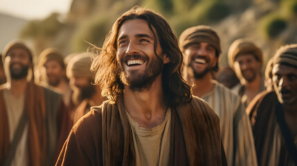 Jesus smiling. Portrait. A group of followers, Real photography. testimonies. - obrazy, fototapety, plakaty