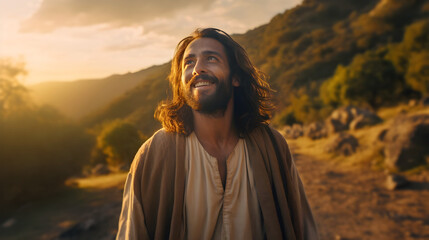 Jesus by himself. Smiling and praying. Positive portrait.  - obrazy, fototapety, plakaty