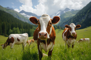 Fototapeta na wymiar Cows at alpine meadow at sunny day