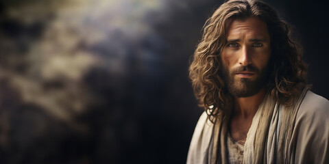 A young Jesus Christ looks into the camera. Portrait photography. Space for text. 