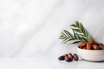 a bowl with dates and palm leaf on a white stone background, in the style of pretty, synthetism-inspired, minimalist backgrounds, captivating with ai generative