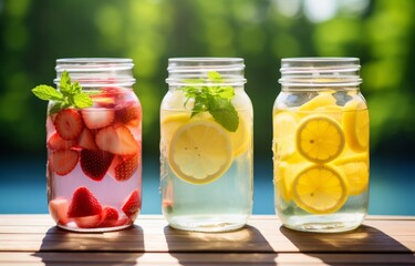 three mason jars filled with citrusinfused water and strawberries