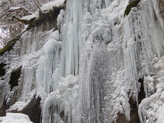 Fototapeta na wymiar 凍り付いた滝にできた氷柱
