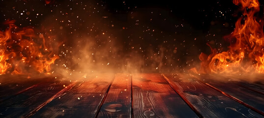 wooden table with Fire burning at the edge of the table, fire particles, sparks, and smoke in the air, with fire flames on a dark background to display products