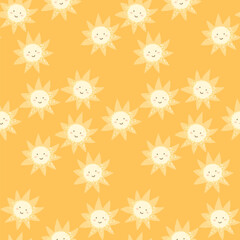 Cute sunny print, smiling suns seamless pattern on yellow background. Vector design for kids