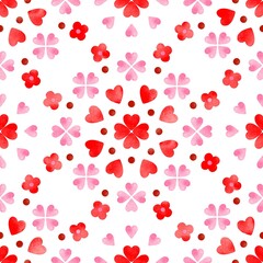 Vibrant watercolor seamless pattern with hearts and flowers. Romantic all over repeat design. Love print. Perfect for printing fabrics, packaging, clothes