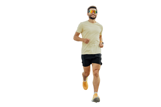 A man is running full-length in sportswear T-shirt and sneakers. Transparent isolated background.