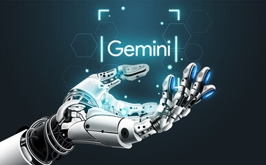 Gemini AI humanoid hand holding Gemini Logo hologram, Future cybernetic artificial intelligence technology concept, vector illustration