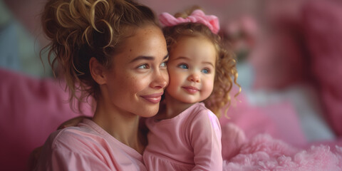 Portrait of happy mother and her little daughter together on Mother's Day in bedroom at home
