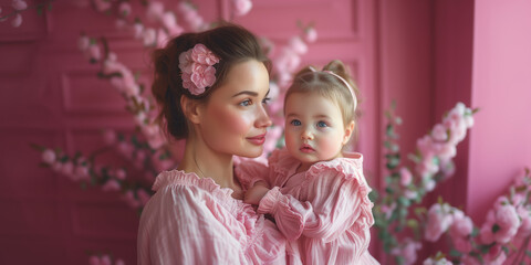 Portrait of a mother and her little daughter together on Mother's Day among cherry blossoms at home