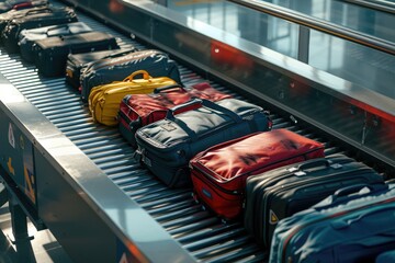 Suitcases, bags and backpacks on a transport belt at the airport. Travel luggage moves along a conveyor belt at an airport terminal.