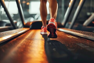 Close-up of legs in sneakers, girl athlete doing sports on a treadmill. Active running workout of a woman in a fitness center. - obrazy, fototapety, plakaty