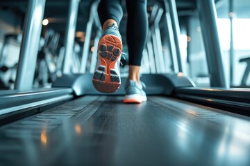 Close-up of legs in sneakers, girl athlete doing sports on a treadmill. Active running workout of a...