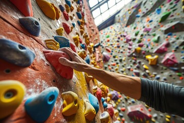 Close-up of a climber ascending an artificial wall with multicolored clues on an indoor climbing wall. - obrazy, fototapety, plakaty