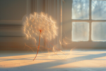 Close-up of a dandelion at the moment of dispersing seeds against the morning window