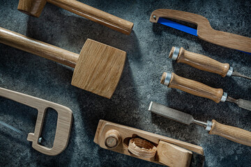 Wooden Mallet And Other Woodworkers Tools In Flat Lay Composed