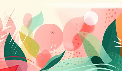A bright pink and green abstract layout with green leaves