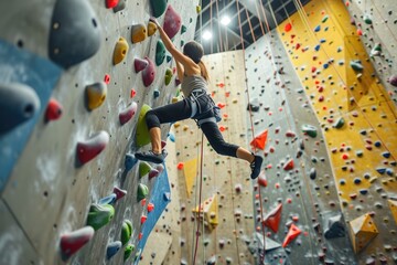 A woman athlete climber ascends an artificial wall with colorful holds on an indoor climbing wall. - Powered by Adobe