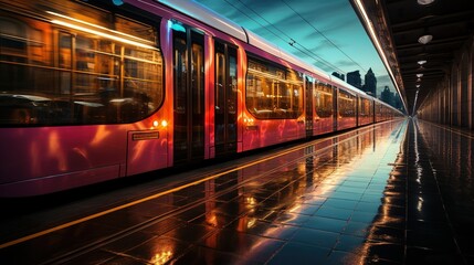 Fototapeta premium A moving subway car, train, at the evening station. Tram stop in the city. Speed, blurry movement of neon lights.