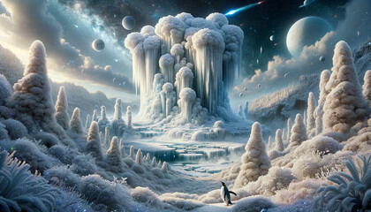 A fantastical winter landscape with towering ice formations, frosted trees, a penguin, and distant planets visible in the sky, suggesting an otherworldly frozen realm.Digital art concept. AI generated - obrazy, fototapety, plakaty