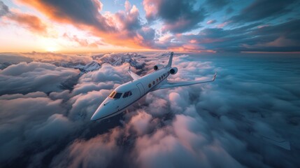 Private Jet Soaring Above Clouds at Sunset