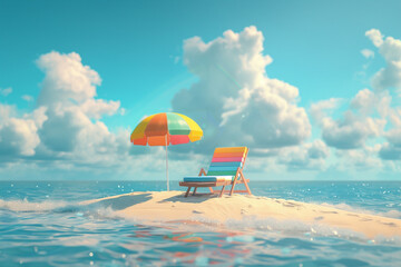 Relaxation in Paradise: Colorful Umbrella and Evening Drink on Seaside Sand Island