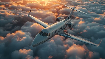 Naklejka premium Private Jet Soaring Above Clouds at Sunset