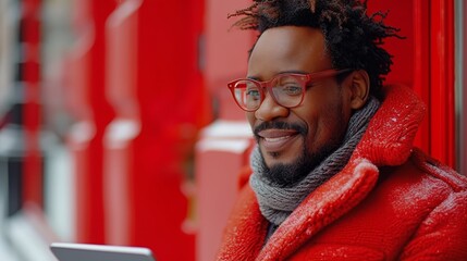 Standing in front of a red studio background, a smiling man browses the web on a tablet, sorts through emails and scrolls through an app.