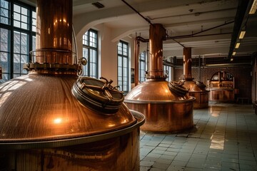 Distillery beer tanks in large light interior. Traditional beer production in an old brewery. - obrazy, fototapety, plakaty