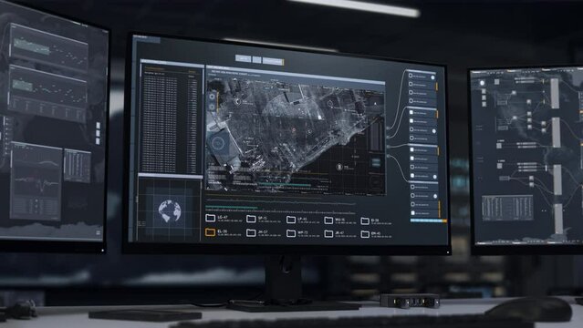 Army using the modern surveillance radar to detect the enemy hideout position. Army surveillance radar inspecting the selected region. Army surveillance radar collecting target location intel.