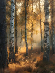 A birch forest bathed in the warm hues of golden hour. High quality