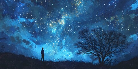 A cosmic, indigo universe with a human silhouette contemplating the constellations of thoughts and memories in the night sky.