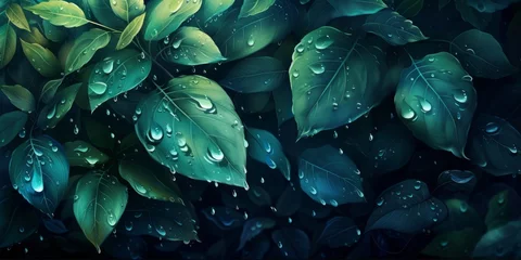 Foto op Plexiglas Urban Refuge Dew-Kissed Foliage - Vibrant Dark Green and Blue Botanical Art on a Black Canvas © Nika