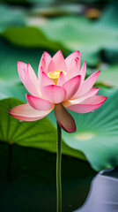 Pink lotus stands tall above the water surrounded by green leaves, with water droplets visible on the petals