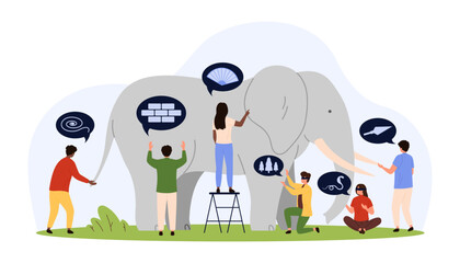 Different perception and viewpoint metaphor, parable story. Tiny blind people touch elephant on body parts with diverse experience and impression, subjective judgment cartoon vector illustration