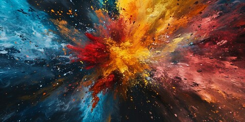 A cosmic collision of colors on a black background, resembling a supernova of emotions and thoughts exploding into existence.