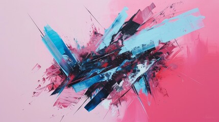 Urban Art Fusion Asymmetric Sky-Blue and Crimson Abstract with Dynamic Angles on Pink Canvas
