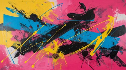 Dynamic Graffiti-Style Abstract Canvas Artwork Bold Angles in Pink, Yellow, Blue, and Cyan Tones with Red Highlights - obrazy, fototapety, plakaty