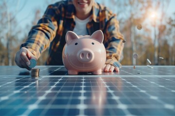 businessman next to solar panels with a piggy bank and coins.