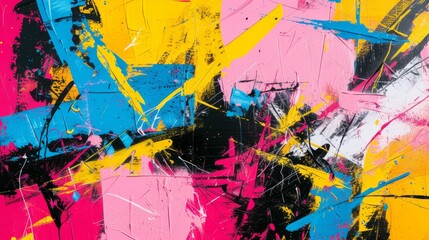 Vibrant Graffiti-Esque Abstract Artwork on Raw Canvas with Angular Motifs in Pink, Yellow, Blue, Black, Dark Cyan, and Red Hues