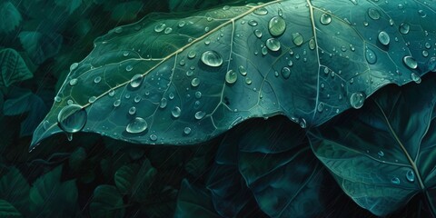 Obraz premium Emerald Rain Lush Leaf Design with Tropical Motifs in Deep Blue and Aquamarine Hues - Photorealistic Illustration