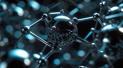 3D Rendered Biological Molecules - Abstract Dark Silver and Cyan Art with Noir Ambiance and Glossy Finish