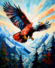 American bald eagle among rocks and wildlife in vector pop art cubism style.