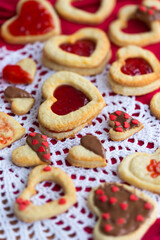Homemade cookies in shapr of  red hearts for St.Valentine's day tea party