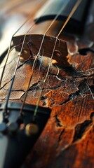 A close-up of tangled, broken strings on a musical instrument, reflecting the discord of inner...
