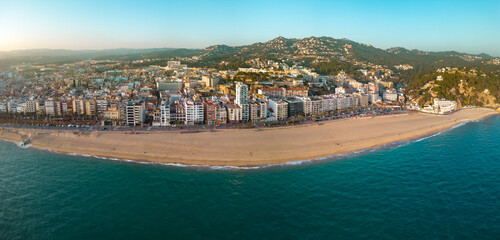 Panoramic aerial view of Lloret del Mar City. Mediterranean coastal town in Catalonia, Spain. One...