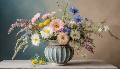 still life with different fresh flowers in vase on blue pink wall background