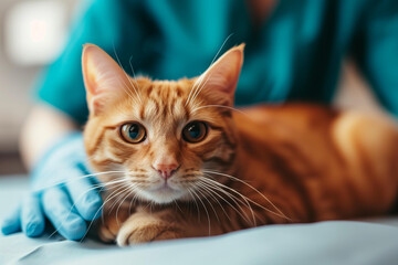 Naklejka premium red cat at a veterinarian's appointment 