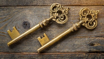 Two old golden keys on wooden table, top view