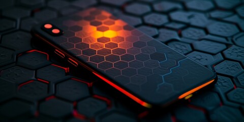 Obraz premium Neon Hexagon Matrix Synth-Inspired Dark Abstract Wallpaper with Glowing Sfumato Effects and Textured Backdrop in Emerald and Amber Tones